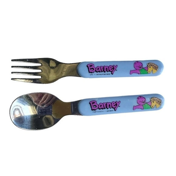 Vintage Barney 1997 Child Fork Spoon Set Utensils Yellow Horse Stainless Steel - Picture 7 of 7